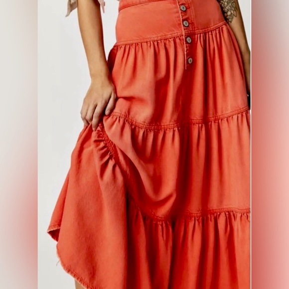 Free People Dreamweaver Denim Maxi Skirt In Firecracker Orange | We The Free - Picture 4 of 14